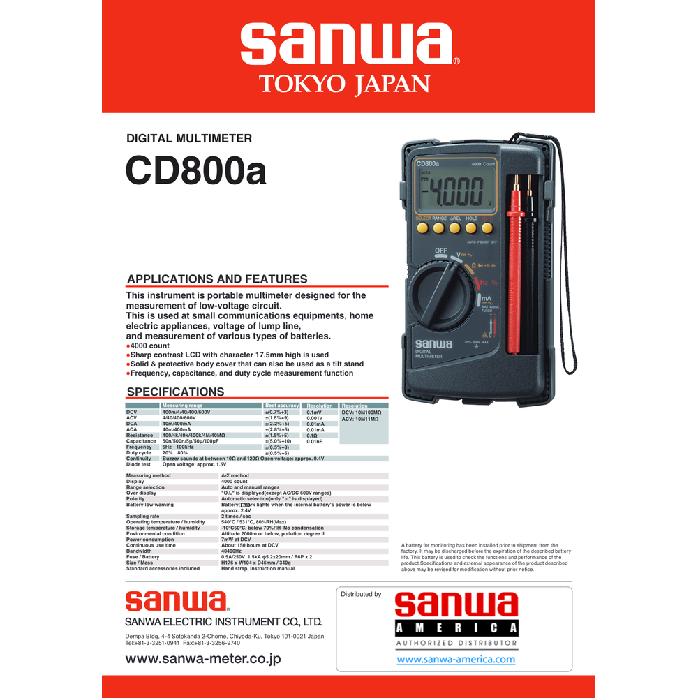 Sanwa CD800A Digital Multi Tester - KHM Megatools Corp. Sanwa CD800A Digital Multi Tester - KHM Megatools Corp.